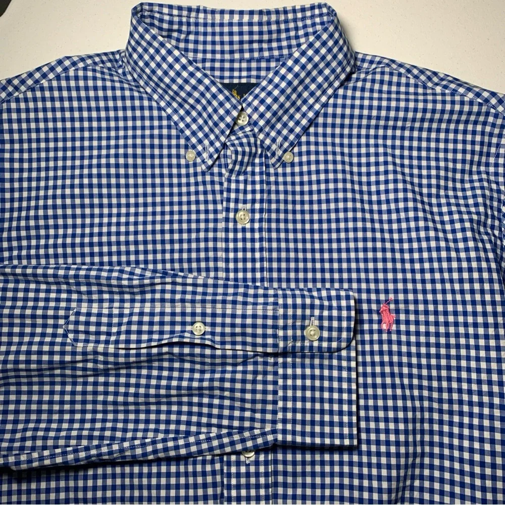 RALPH LAUREN MENS LARGE LONG SLEEVE PLAID SHIRT OXFORD LONG SLEEVE BLUE PINK PON